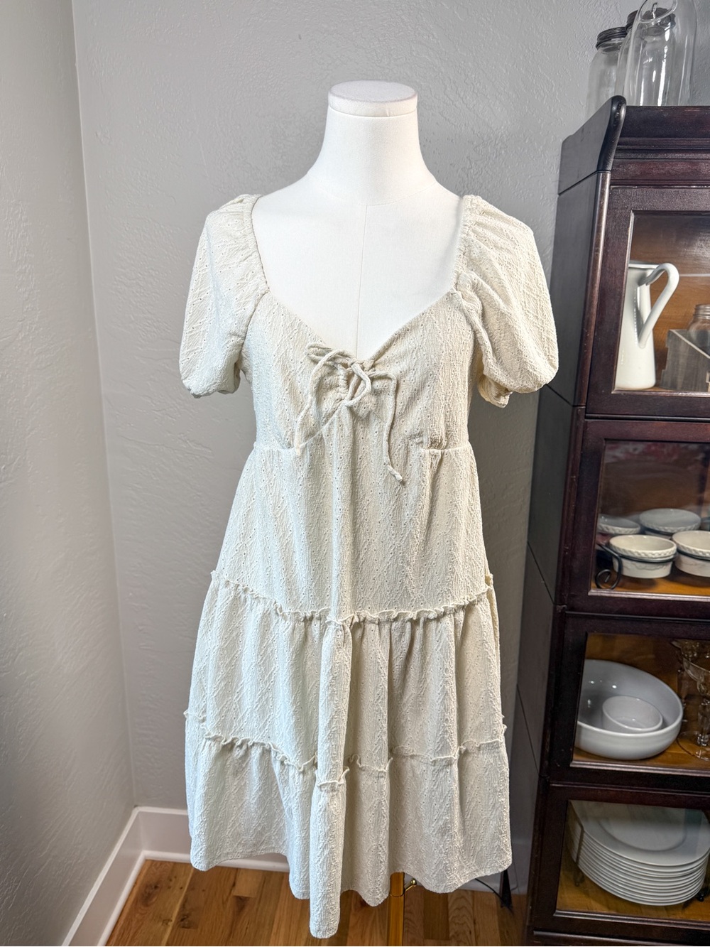 R Wish Cream Eyelet Babydoll Mini Dress Puff Sleeve Cottagecore Size L